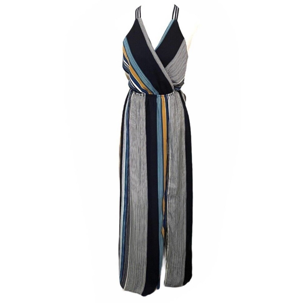 Monteau Surplice Front Blue & Yellow Striped Slit Maxi Sleeveless Dress